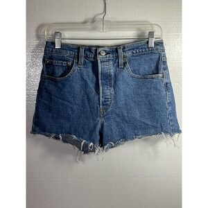 Levi's Women's 501 Shorts W28 Blue Button-Fly Cut-Off Medium Wash Raw Hem